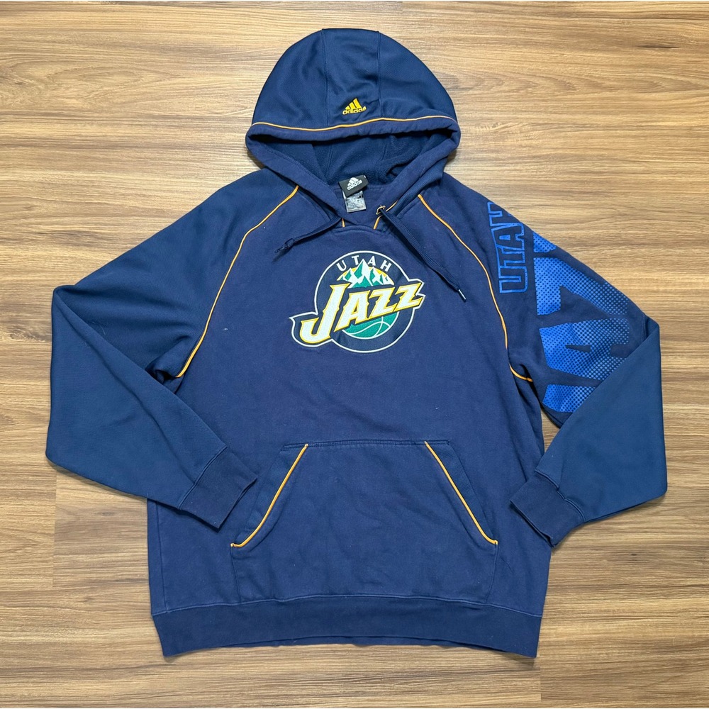 VTG Y2K Adidas Utah Jazz Logo NBA Hoodie Sweatshirt Navy Blue Men's Sz L